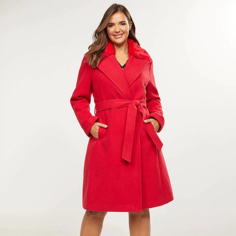 Lane Bryant Red Double Breasted Long Faux Fur Coat